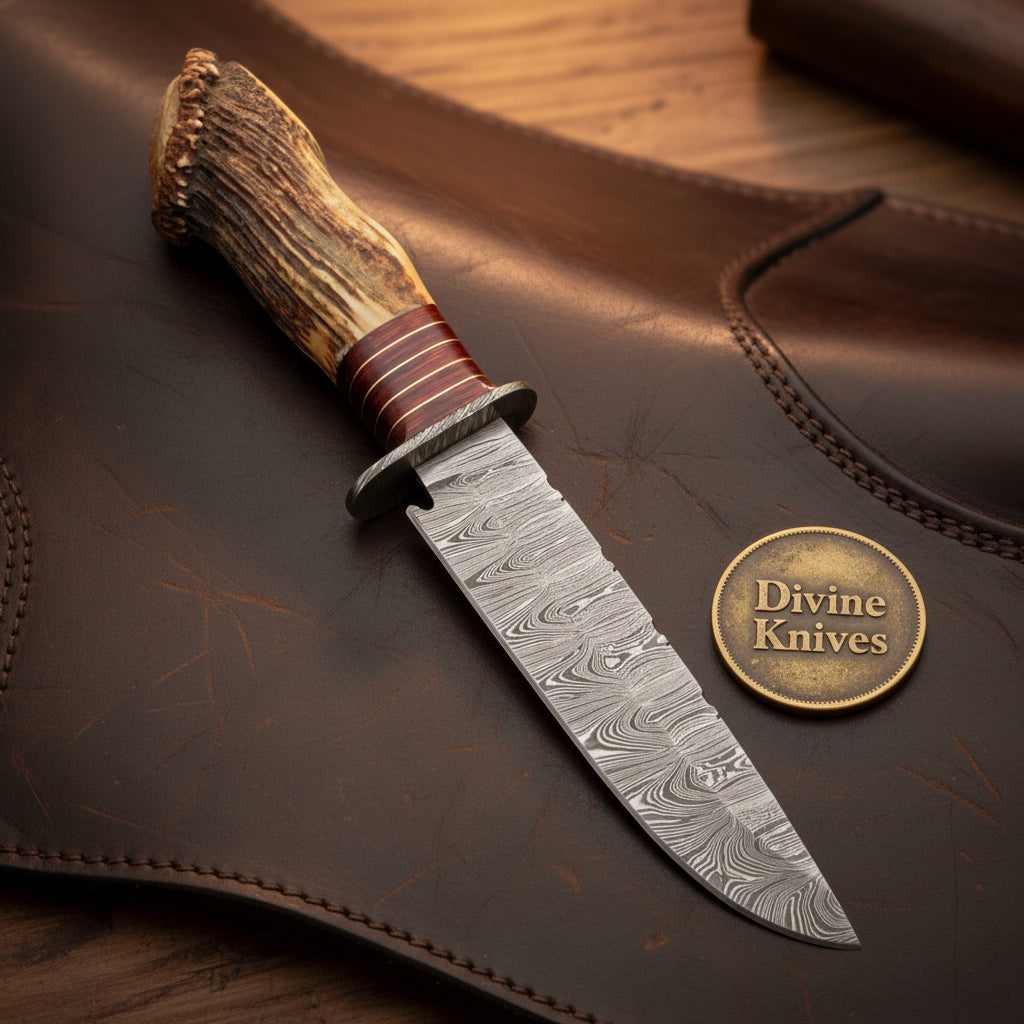 Crown Stag Damascus Hunting Bowie with Wire-Wrapped Spacer