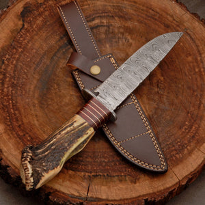 Crown Stag Damascus Hunting Bowie with Wire-Wrapped Spacer