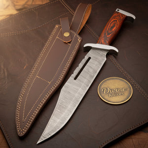 Slotted Blade Damascus Rambo Bowie Knife with Cut-Through Steel Blade