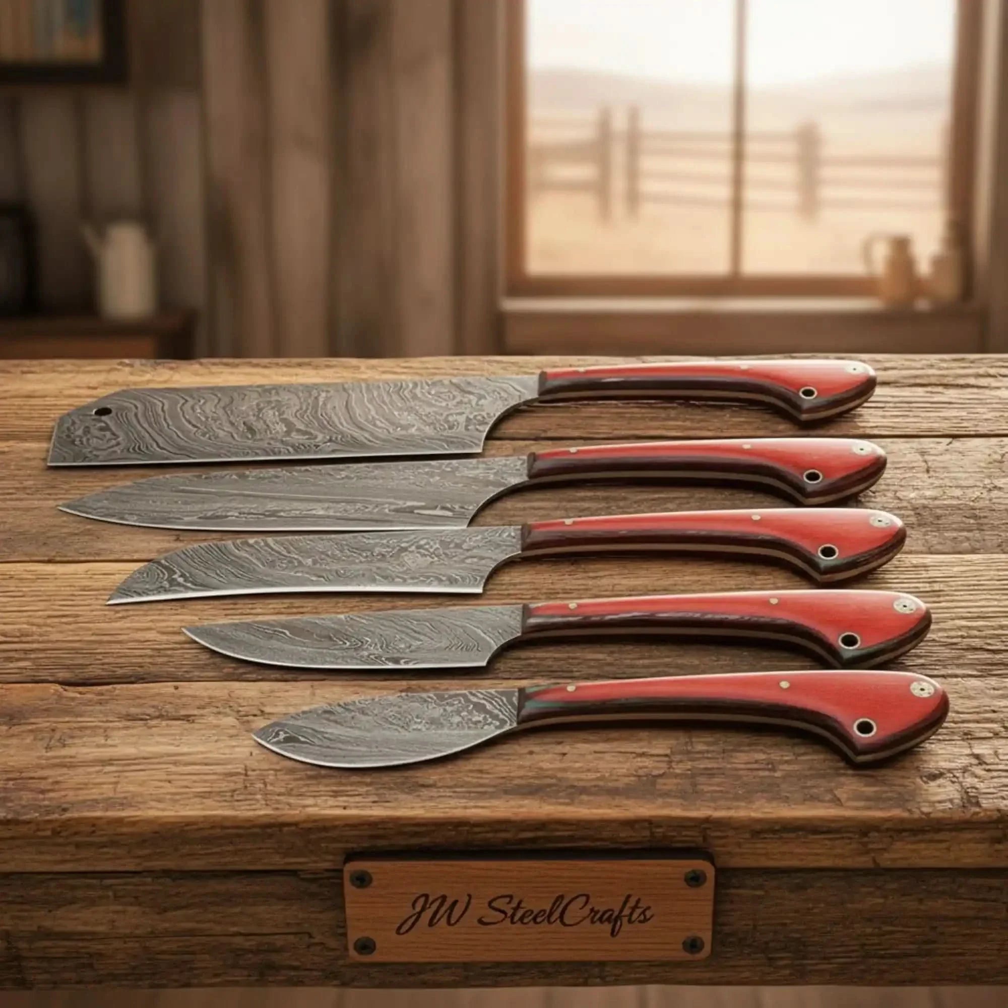 5-Piece Damascus Kitchen Set Cleaver, Gyuto, Bunka, Santoku, Paring Red Pakka Wood by JW SteelCrafts, handmade jewelry main product photo