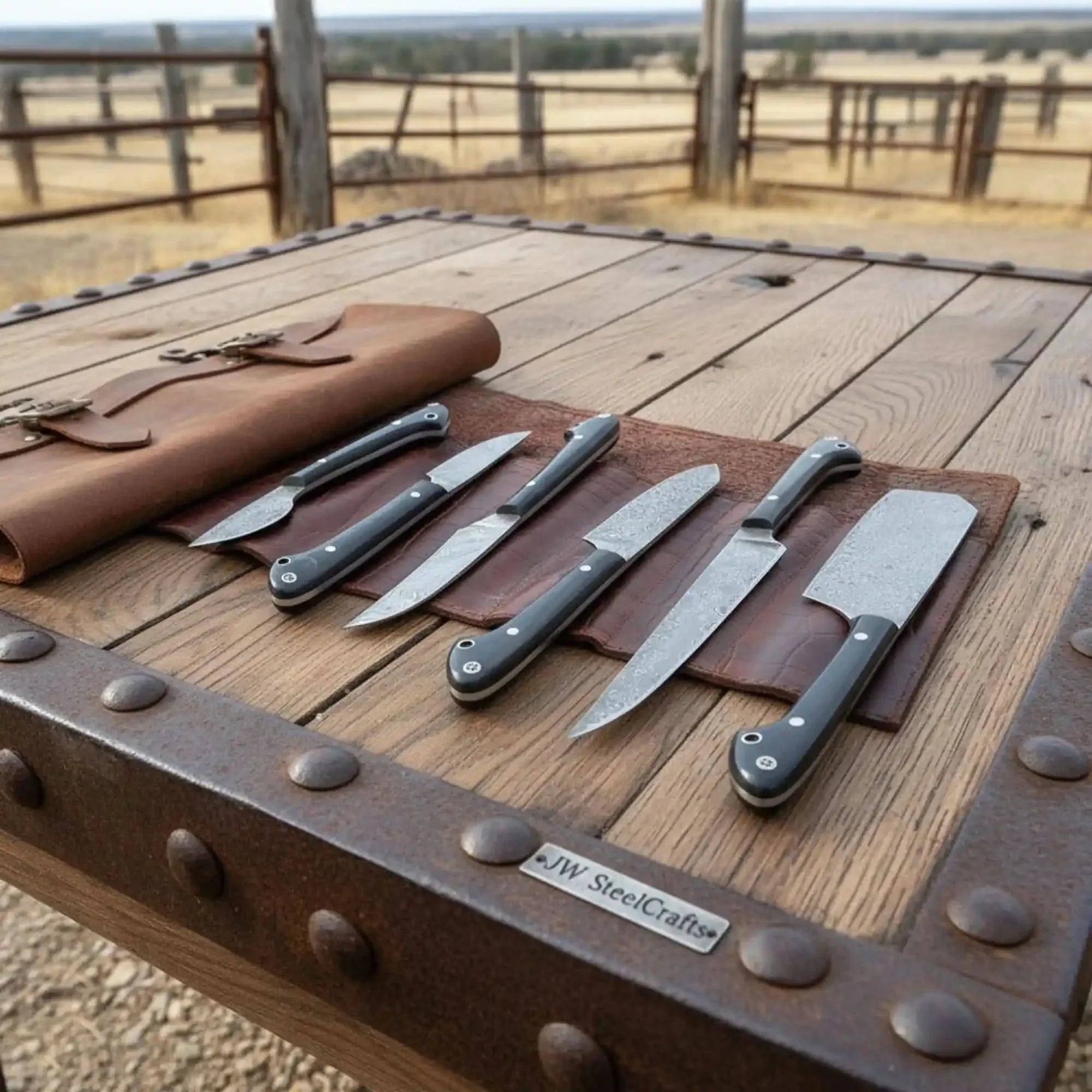 6-Piece Damascus Kitchen Knife Set with Leather Roll — Black Resin Handles, Steel Bolsters, 7 to 10 Inch Blades | JW Steel Crafts by JW SteelCrafts, Damascus knife main product
