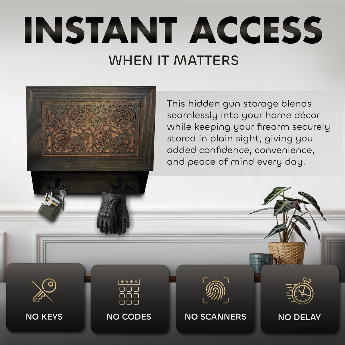 Gun and Roses Hidden Gun Cabinet – Decorative Concealment Coat Rack with Hat & Key Hooks