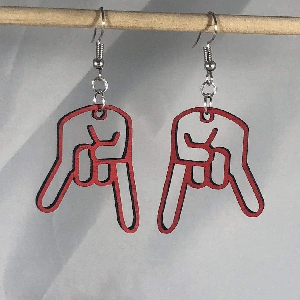 Inverted Hand Sign Wooden Dangle Earrings | Rock Gesture Jewelry by Cate's Concepts, LLC, handmade jewelry detail photo 2