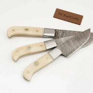 Handmade Damascus 3-Piece Kitchen Knife Set with Bone Handles, Slicing Carving and Chef Knives