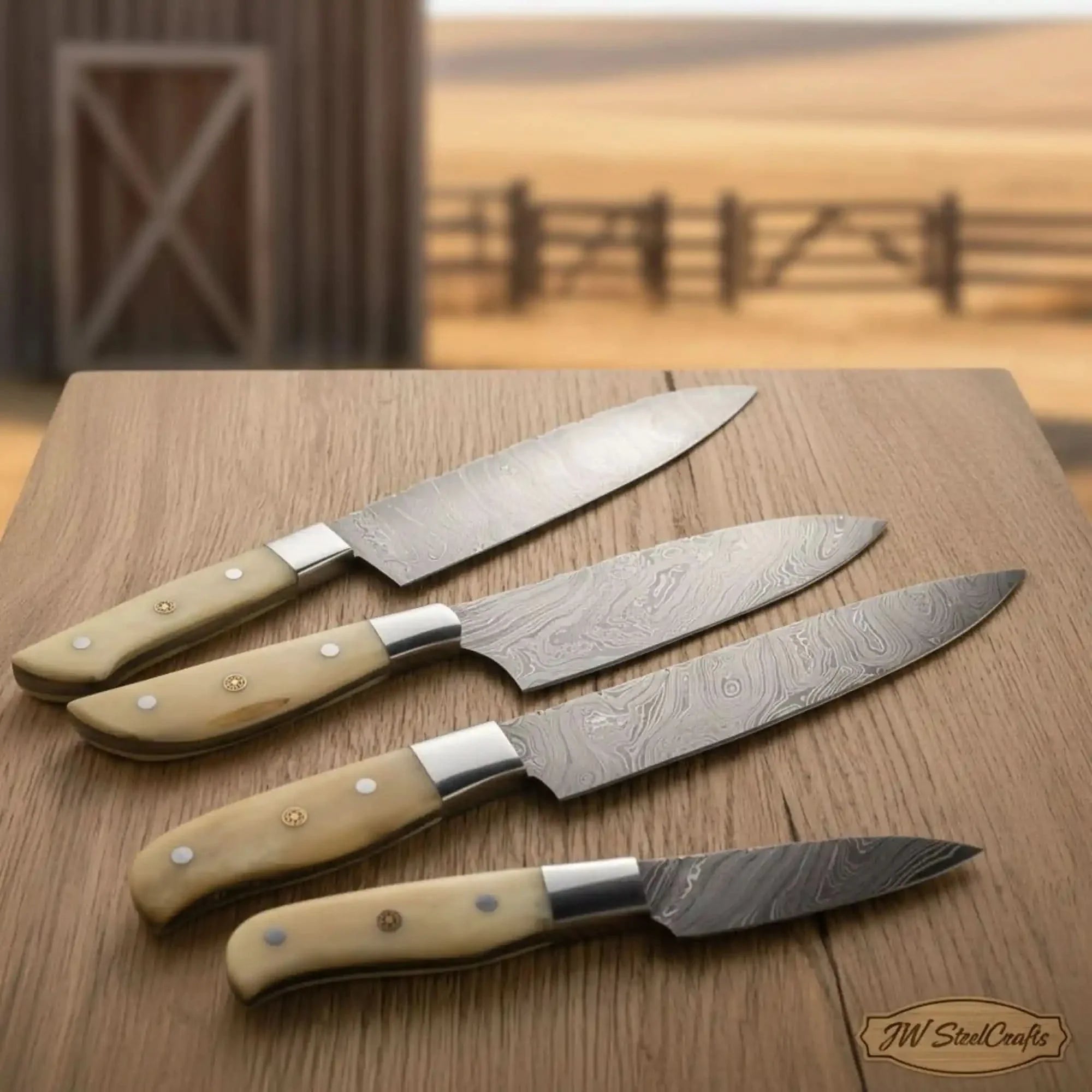 4-Piece Damascus Kitchen Knife Set — Bunka, Gyuto, Utility & Paring with Camel Bone Handles by JW SteelCrafts, Damascus knife main product photo