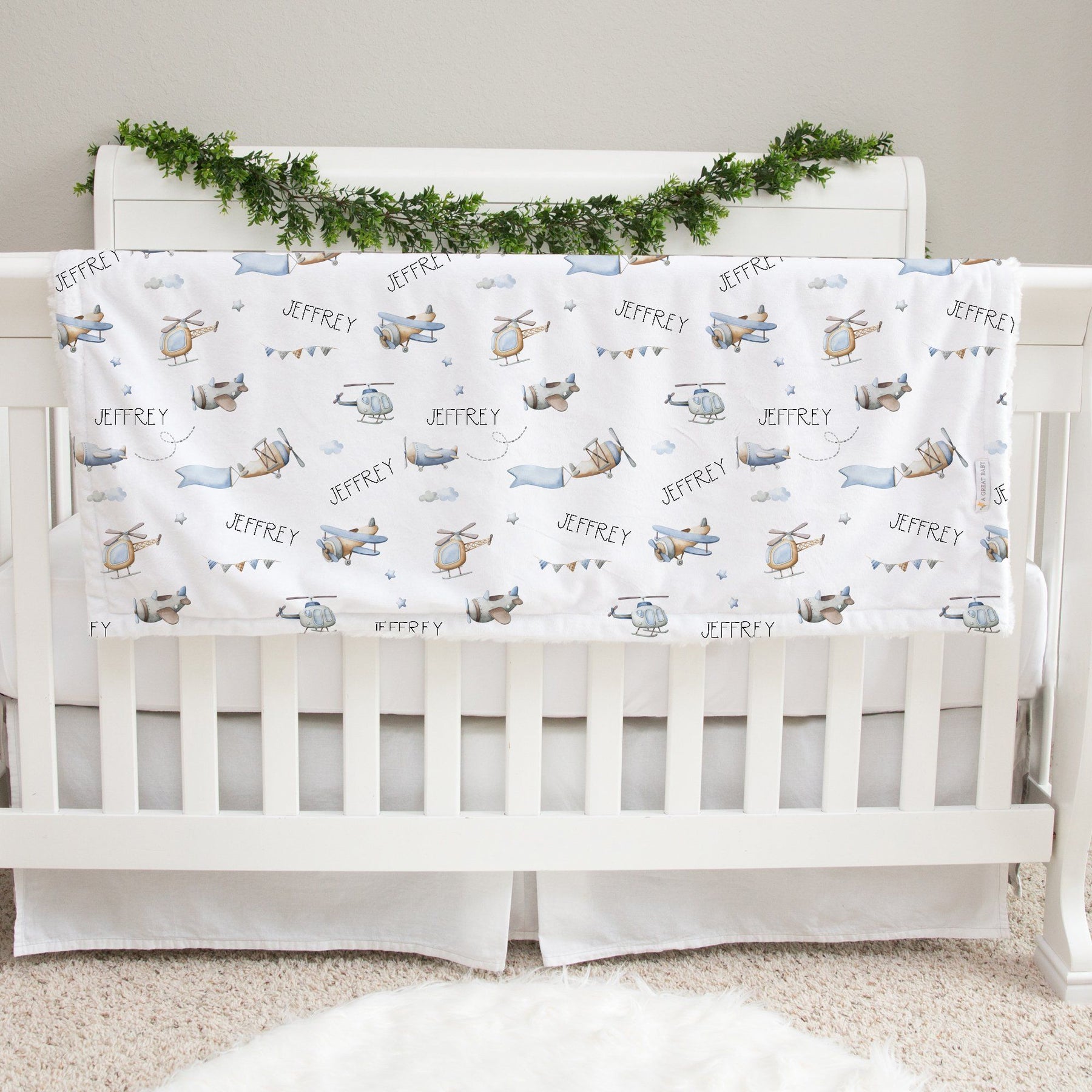 Jeff the Pilot Personalized Airplane Minky Baby Blanket by AGreatBaby — view 2 of 12