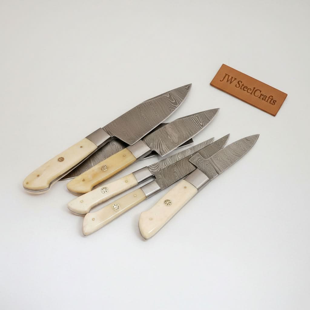 6-Piece Damascus Kitchen Knife Set – Gyuto, Santoku, Nakiri, Boning, Utility & Paring | Natural Bone Handle | Leather Roll by JW SteelCrafts, Damascus knife detail photo 2