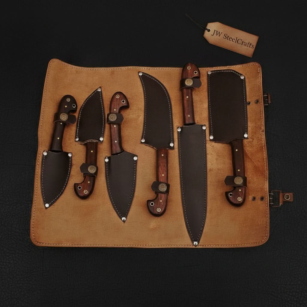 6-Piece Damascus Knife Set with Leather Roll by JW SteelCrafts, Damascus knife detail photo 2