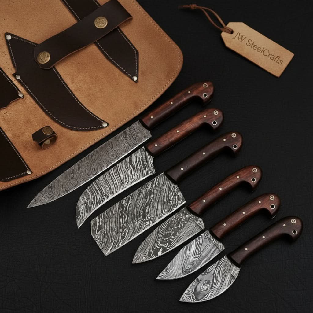 6-Piece Damascus Knife Set with Leather Roll by JW SteelCrafts, Damascus knife main product photo