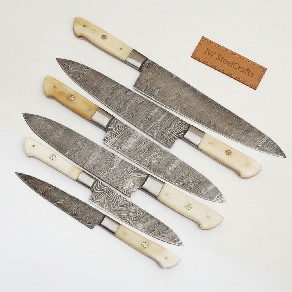 6-Piece Damascus Kitchen Knife Set – Gyuto, Santoku, Nakiri, Boning, Utility & Paring | Natural Bone Handle | Leather Roll by JW SteelCrafts, Damascus knife main product photo