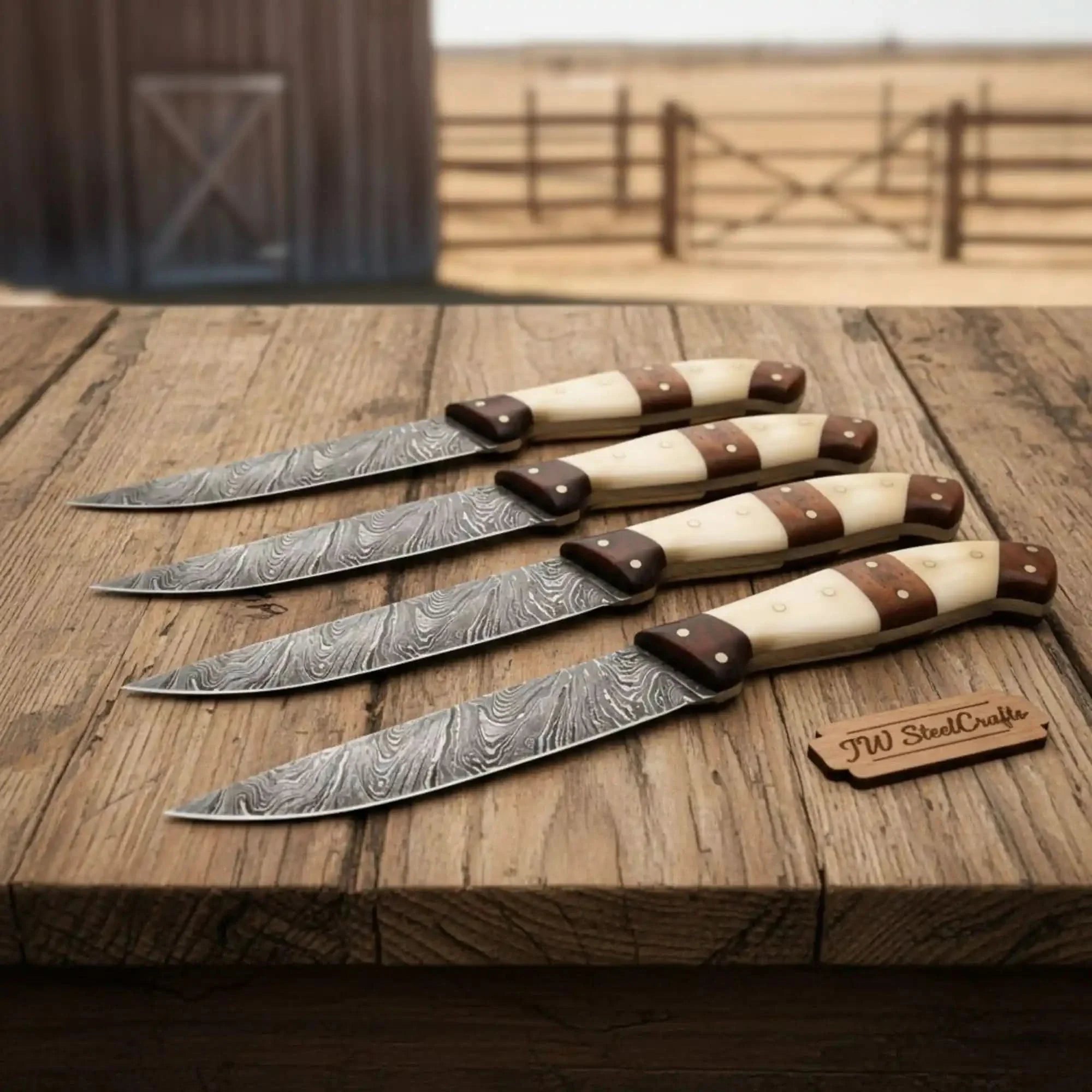 5-Piece Handmade Damascus Steak Knife Set, Bone & Rosewood Handle, Premium Dining Knives by JW SteelCrafts, Damascus knife main product photo