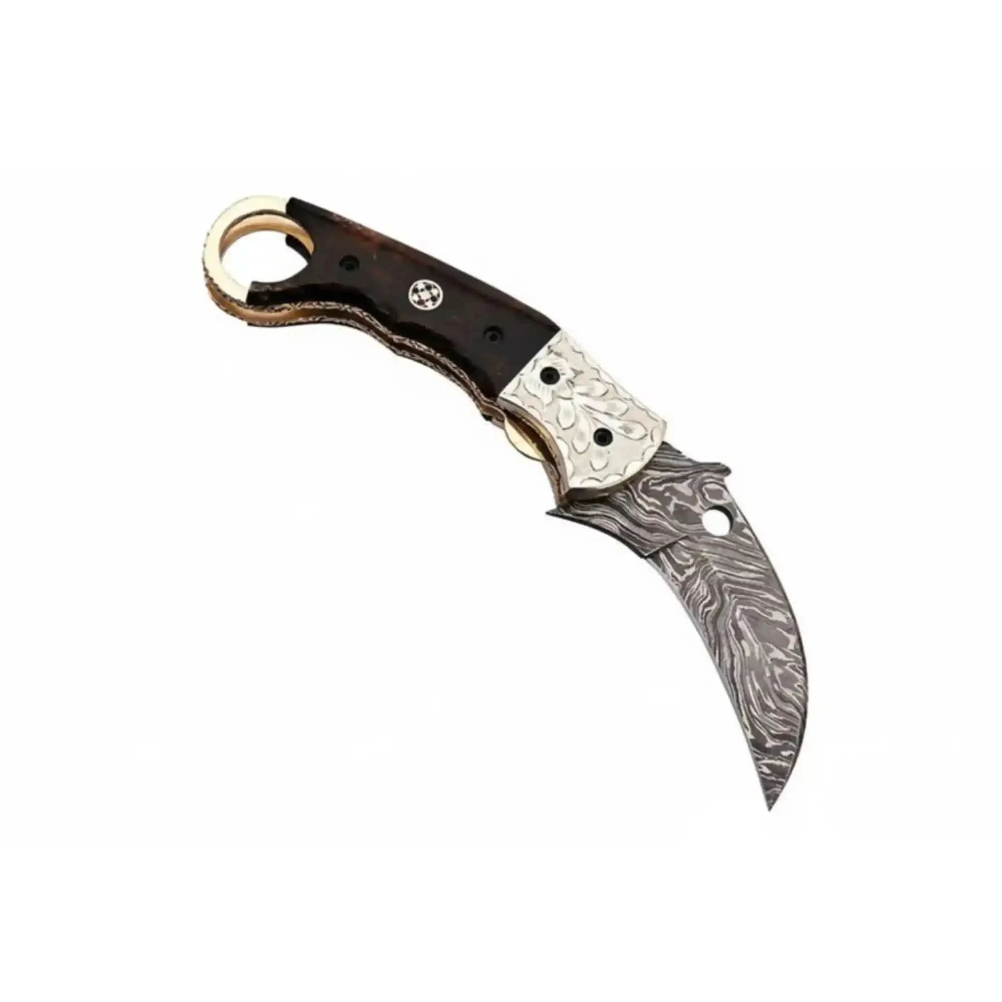 Handmade Damascus Folding Karambit Knife with Ring Handle, Dark Wood Grip & Engraved Bolster by JW SteelCrafts, Damascus knife main product photo