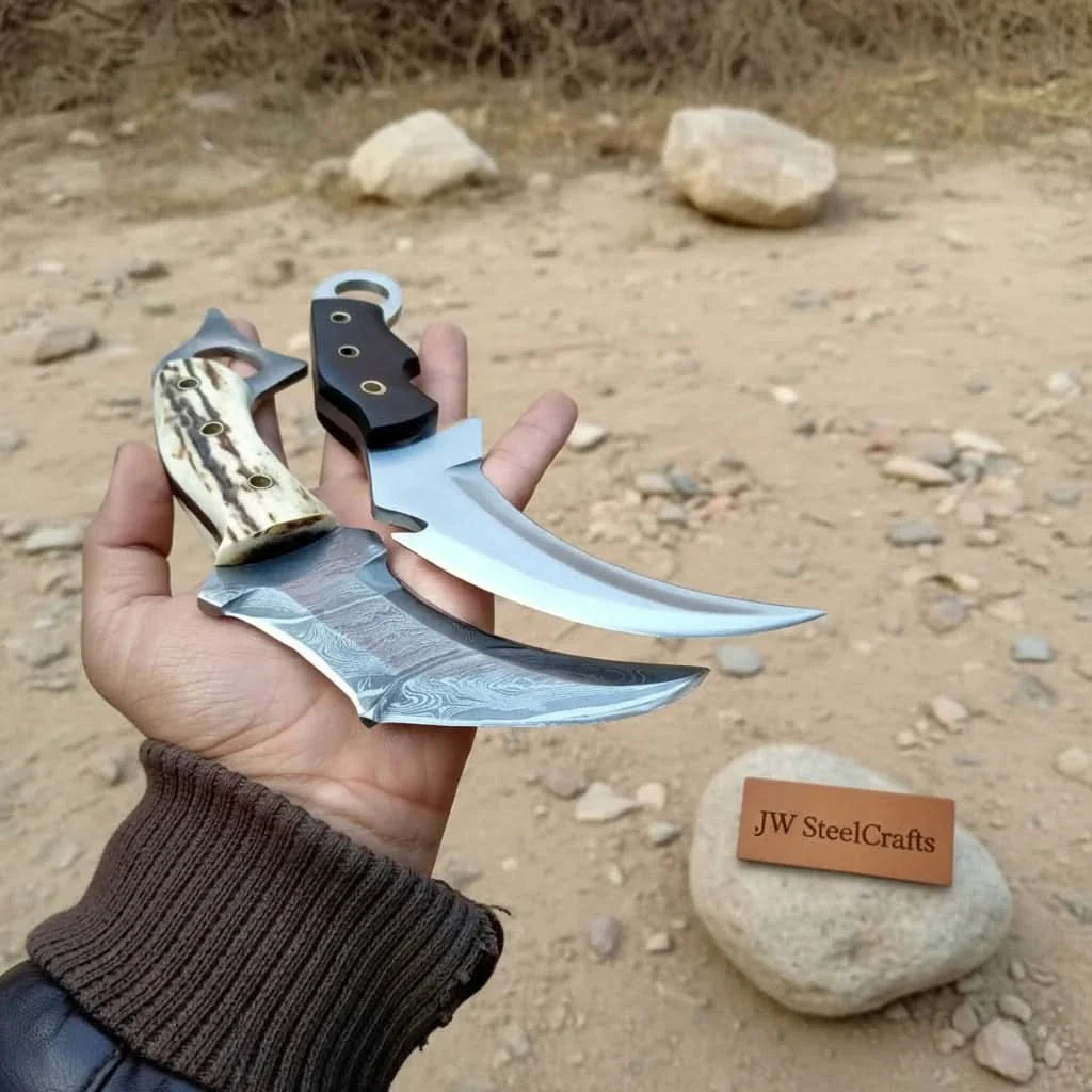Damascus Steel Karambit Pair, Stag Horn & Wood Handle, 9-inch Blade by JW SteelCrafts, Southern lifestyle apparel detail photo 2
