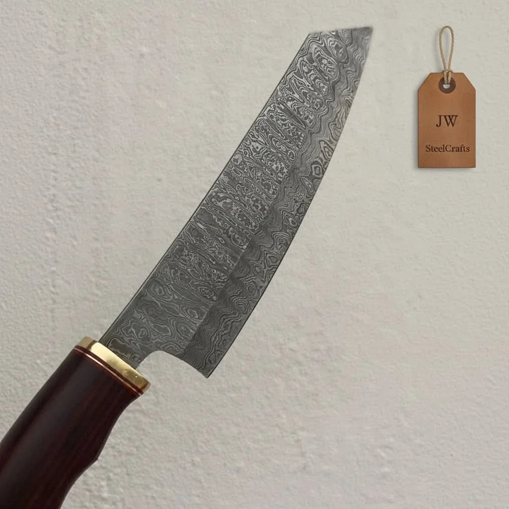 8” Ladder Pattern Damascus Gyuto Chef Knife with Rosewood Handle & Brass Bolster by JW SteelCrafts, Damascus knife detail photo 2
