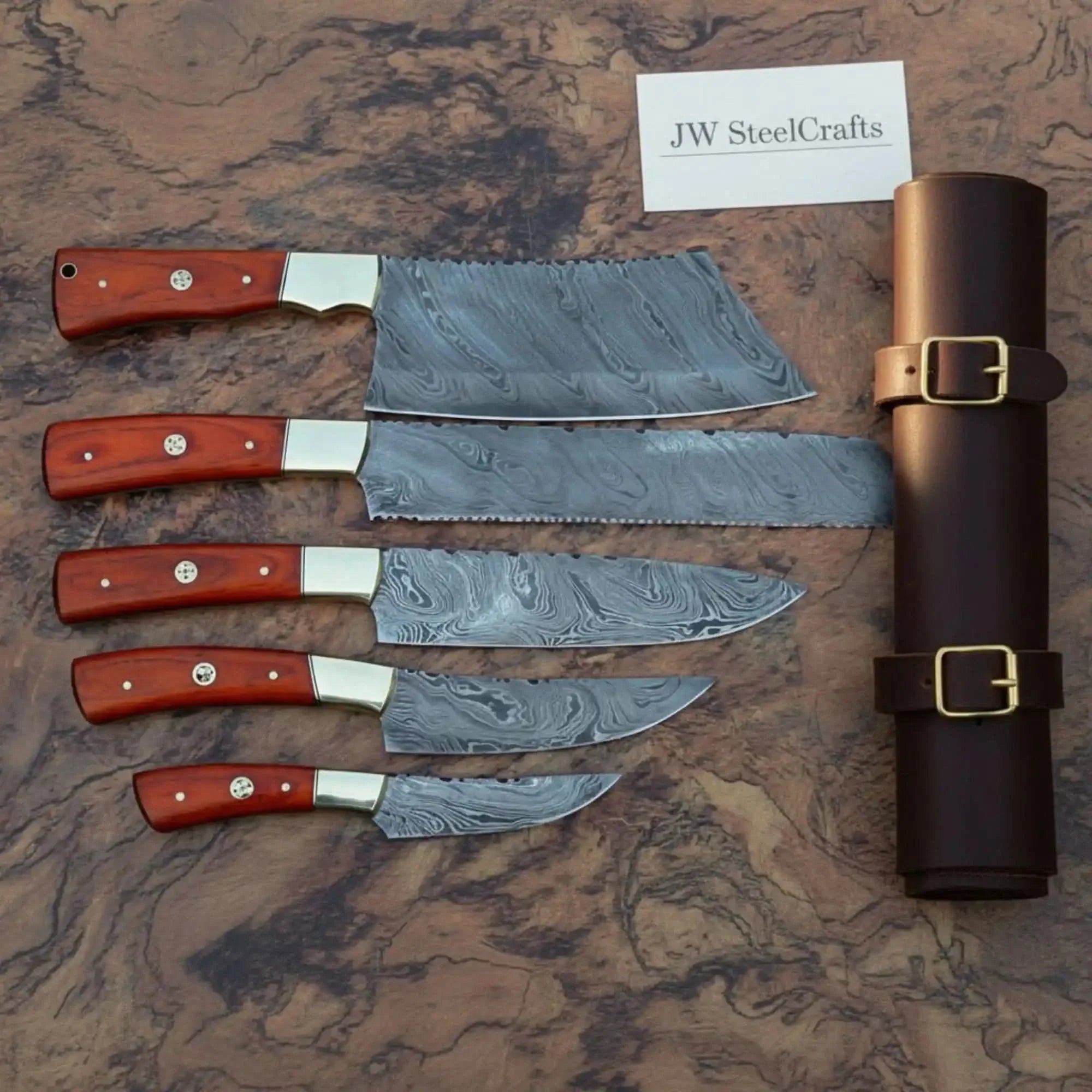 5-Piece Damascus Kitchen Knife Set — Butcher, Bread, Chef, Utility & Paring with Reddish Hardwood Handles by JW SteelCrafts, Damascus knife main product photo