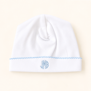 Personalized baby hat with blue picot trim