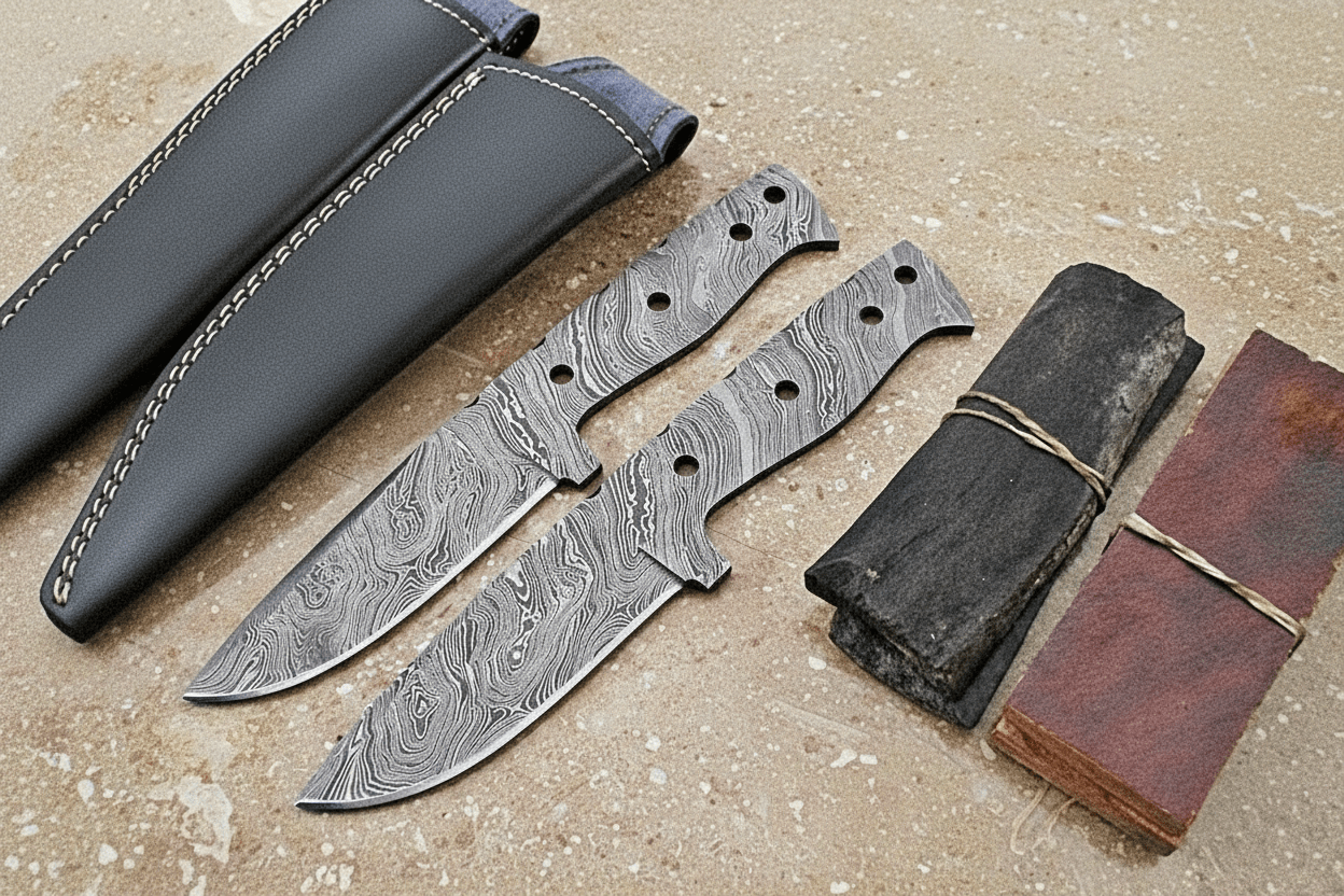 Skinner Blank blades +2Leather sheaths + two handle materials scales by JW SteelCrafts, leather knife sheath main product photo