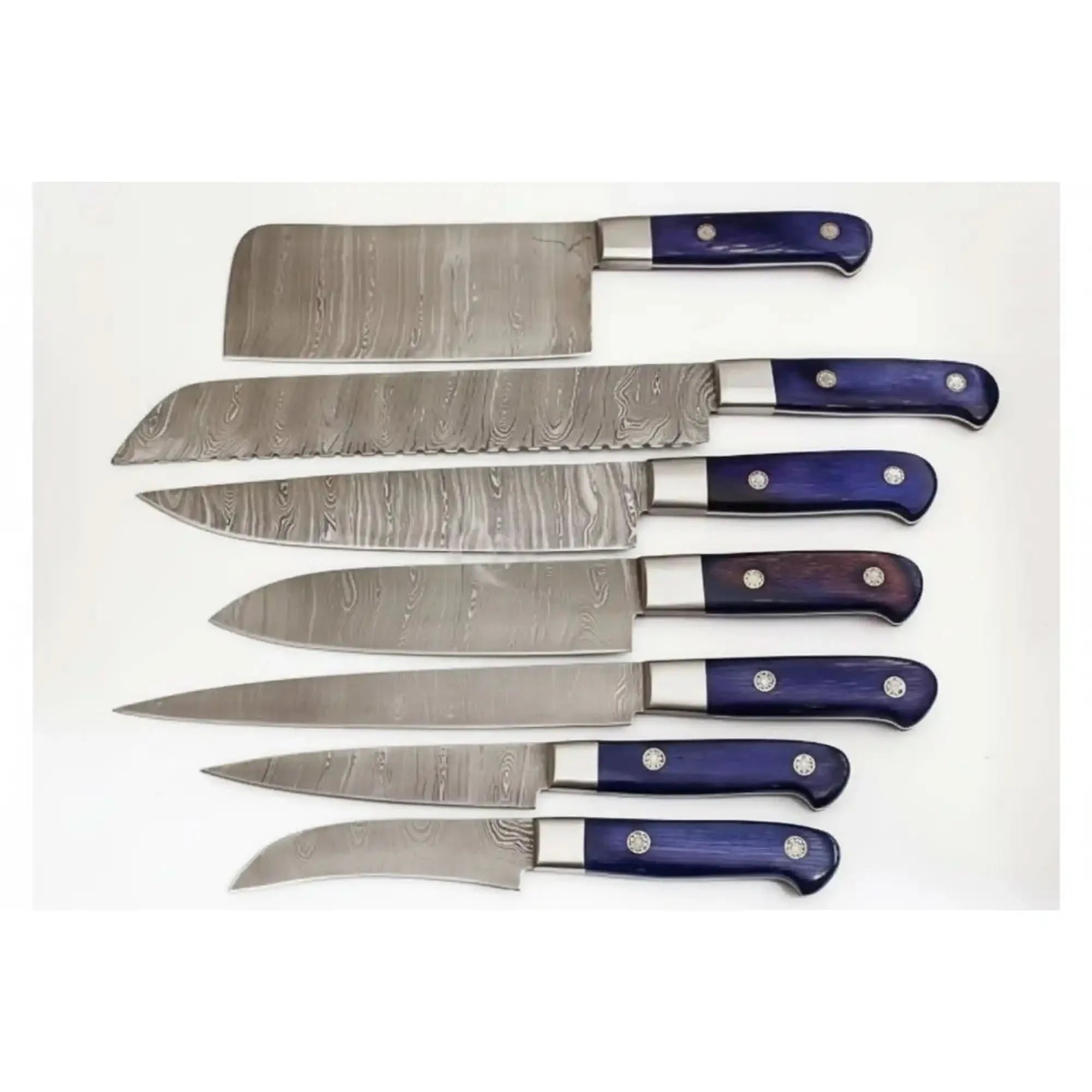 7-Piece Damascus Kitchen Knife Set — Chinese Cleaver, Bread, Chef, Santoku, Slicing, Utility & Paring by JW SteelCrafts, Damascus knife main product photo
