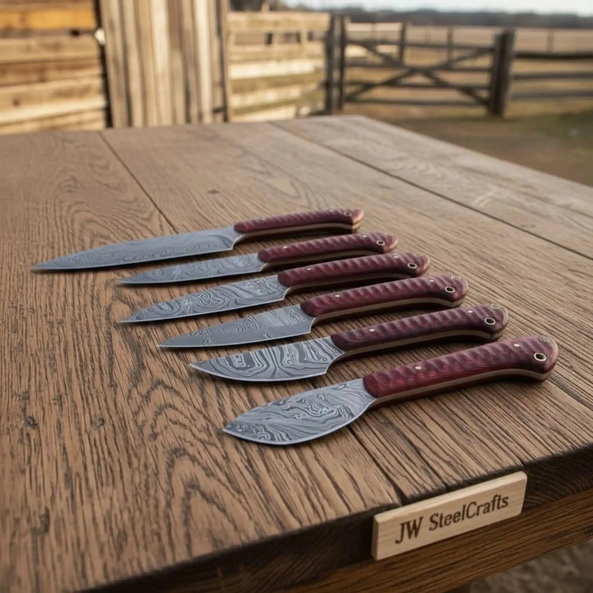 6-Piece Damascus Kitchen Knife Set with Red Burl Pakka Wood Handles & Lanyard Holes | JW Steel Crafts by JW SteelCrafts, Damascus knife main product photo