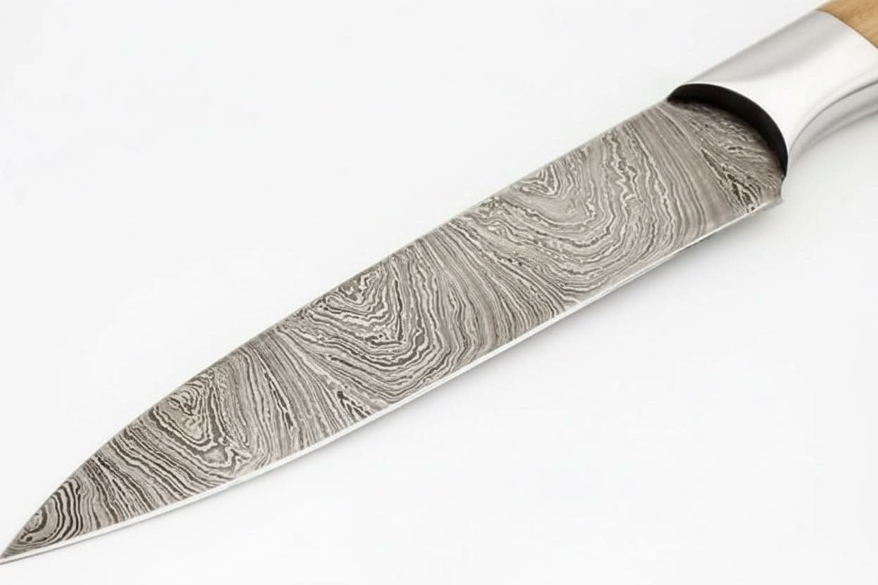 9" Handmade Damascus Steel Utility Knife with Olive Wood Handle by JW SteelCrafts, Damascus knife detail photo 2