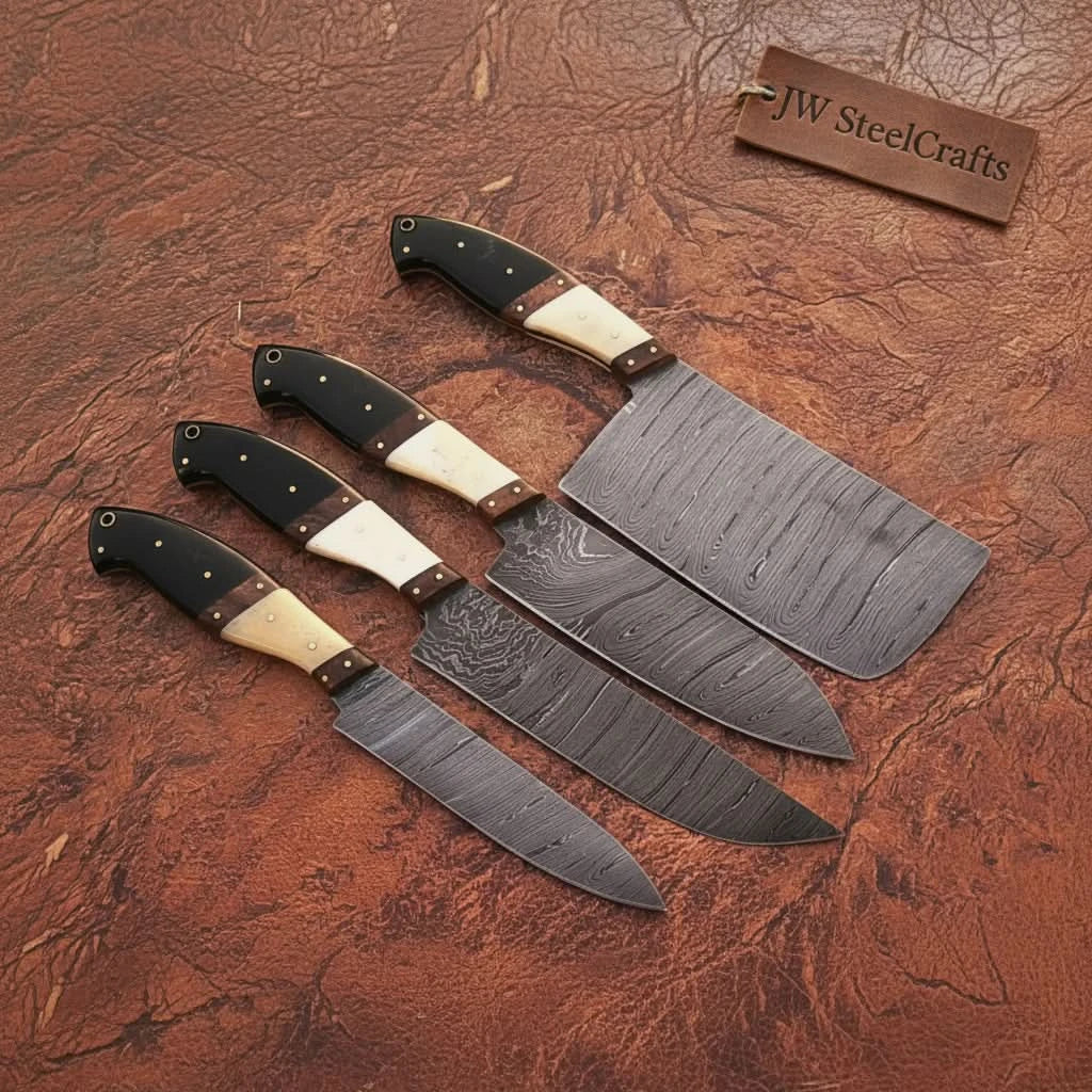 4-Piece Hand-Forged Damascus Kitchen Knife Set with Mixed Handles — Bone, Rosewood, and Black Resin Handles by JW SteelCrafts, Damascus knife main product photo