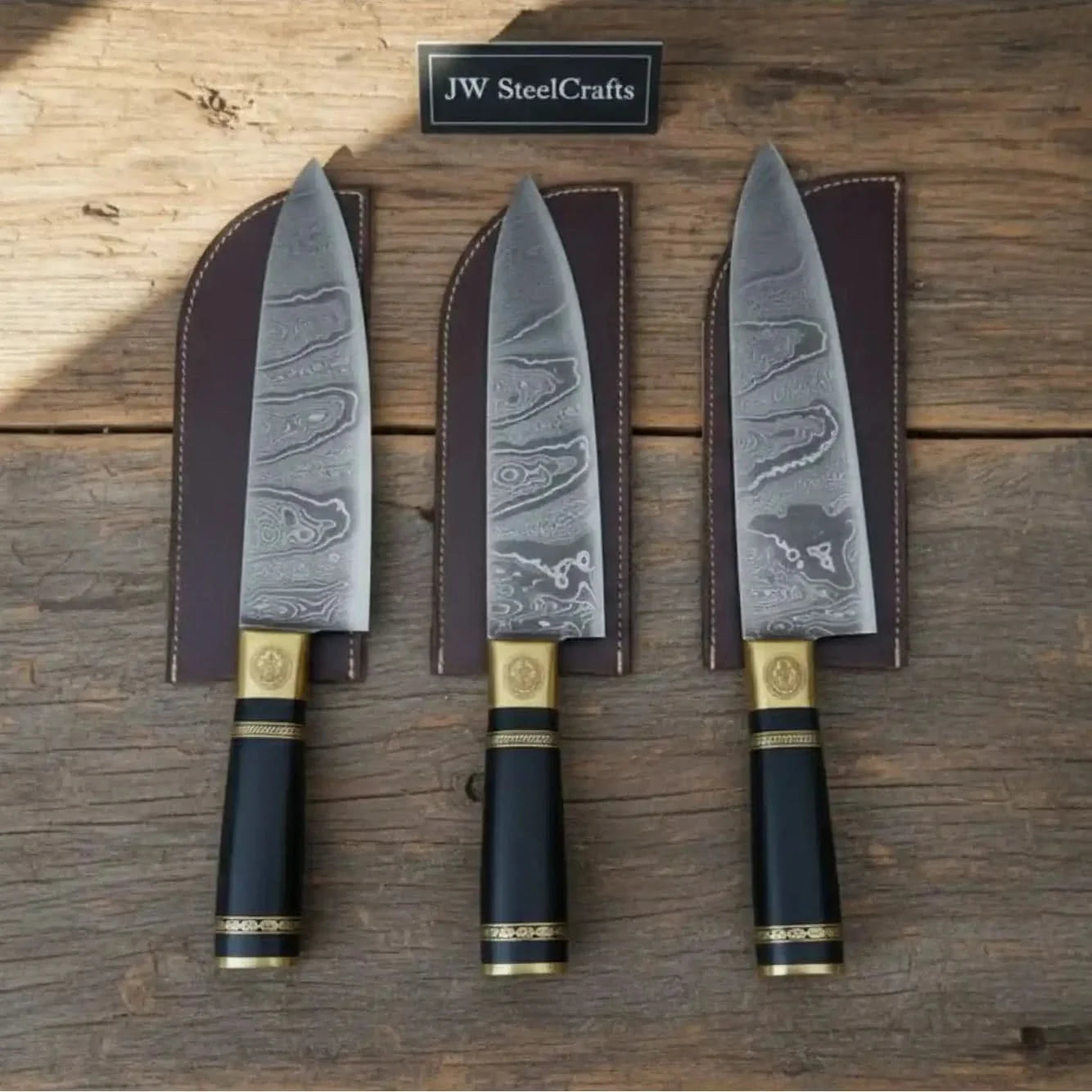 3-Piece Damascus Chef Knife Set — 13 Inch Blades with Black Resin Handles, Brass Bolsters & Leather Sheaths | JW Steel Crafts by JW SteelCrafts, leather knife sheath main product
