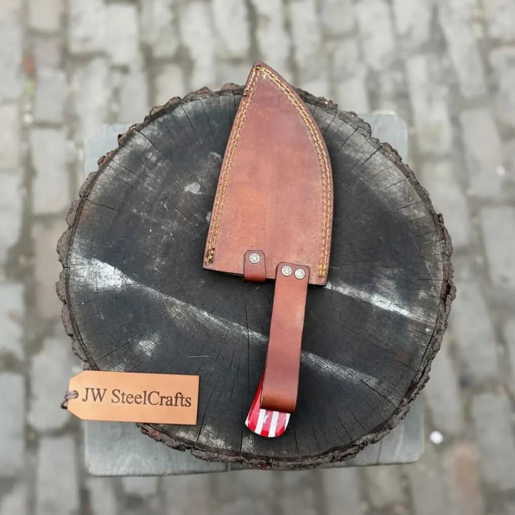 Ko-Santoku Knife with Hammered Carbon Steel Blade and USA Flag Handle by JW SteelCrafts, Damascus knife detail photo 2