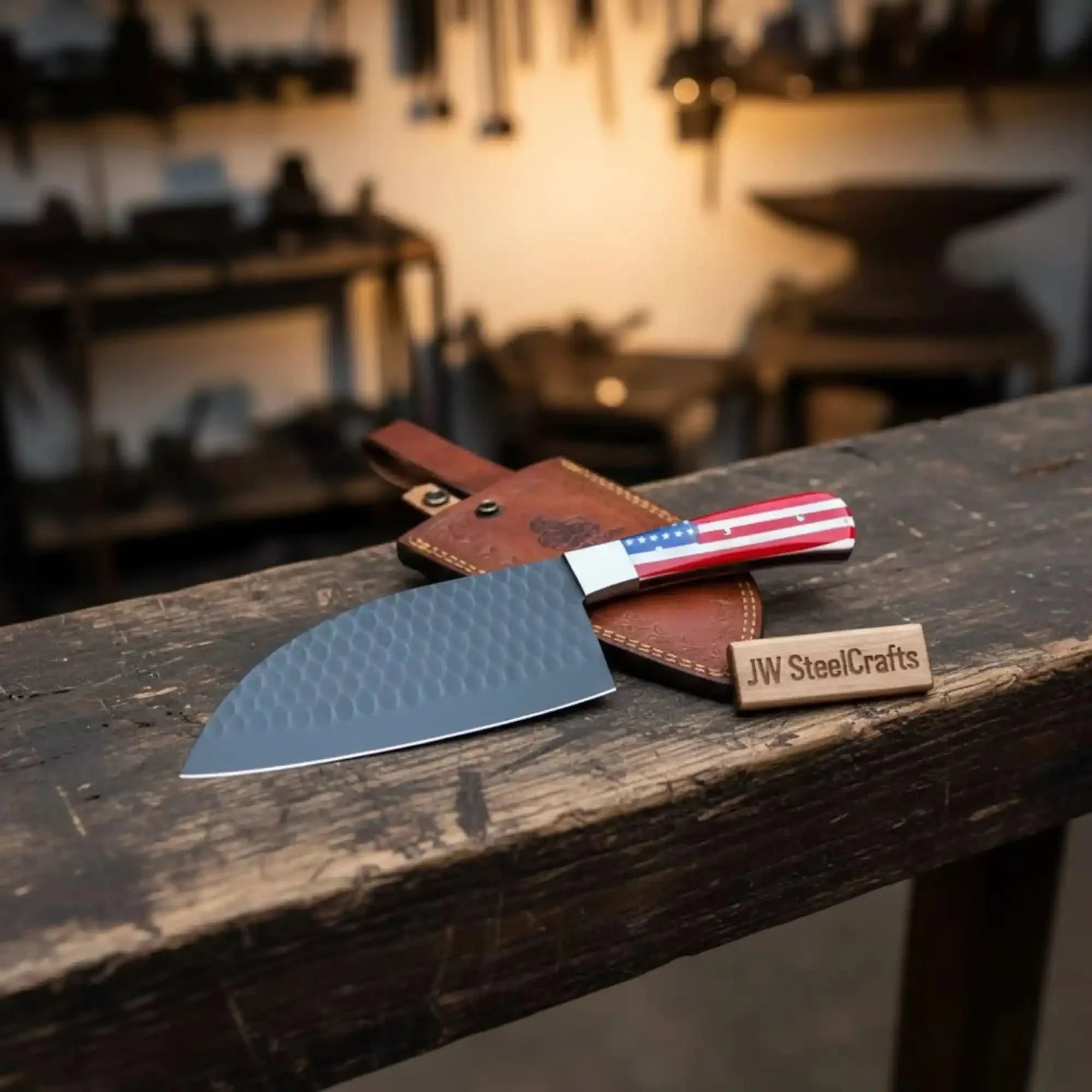 Ko-Santoku Knife with Hammered Carbon Steel Blade and USA Flag Handle by JW SteelCrafts, Damascus knife main product photo