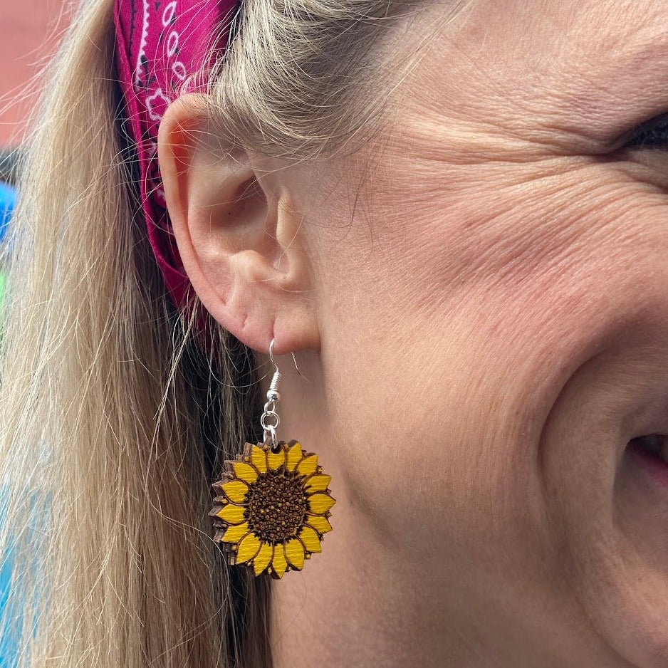 large Kansas Sunflower Wooden Earrings | State Flower Jewelry