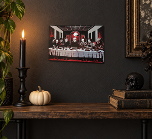 Small 8 by 11 inch Last Horror Supper unframed Halloween art styled above a shelf