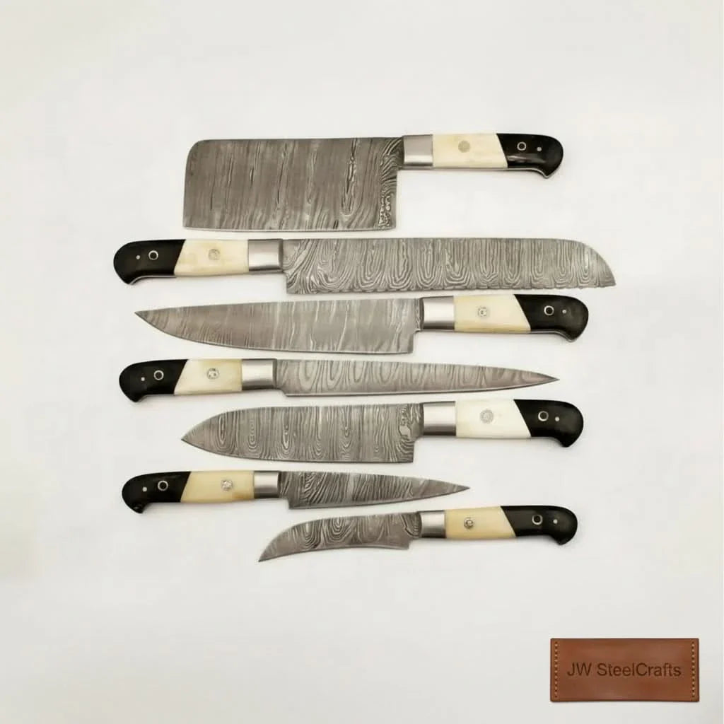 7-Piece Damascus Kitchen Knife Set — Chef, Cleaver, Bread, Santoku, Utility & Paring Knives with White Bone and Black Resin Handles by JW SteelCrafts, Damascus knife main product