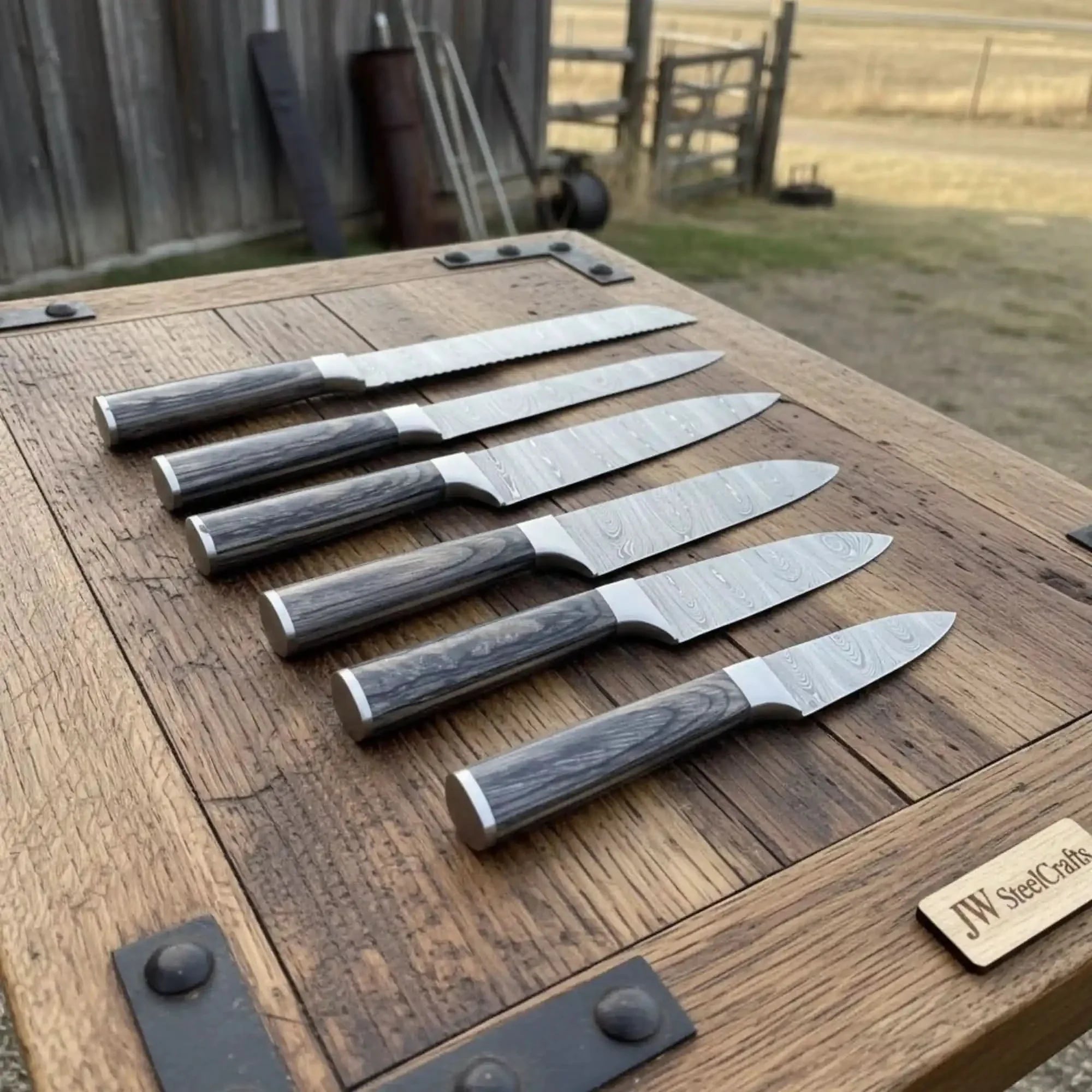 Handmade Damascus Chef Knife Set 6 Piece Professional Kitchen Knife Collection Full Tang Wood Handles by JW SteelCrafts, Damascus knife main product photo