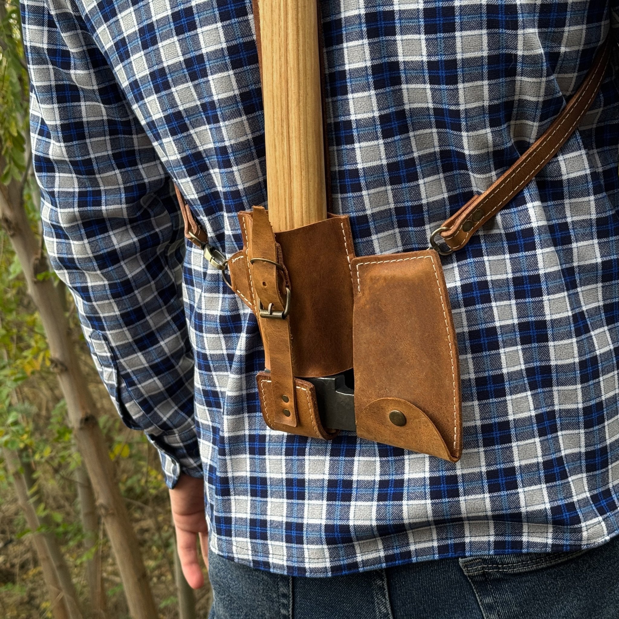 Leather Axe Case with Adjustable Shoulder Straps detail view by Sharky Forged Steel Tools