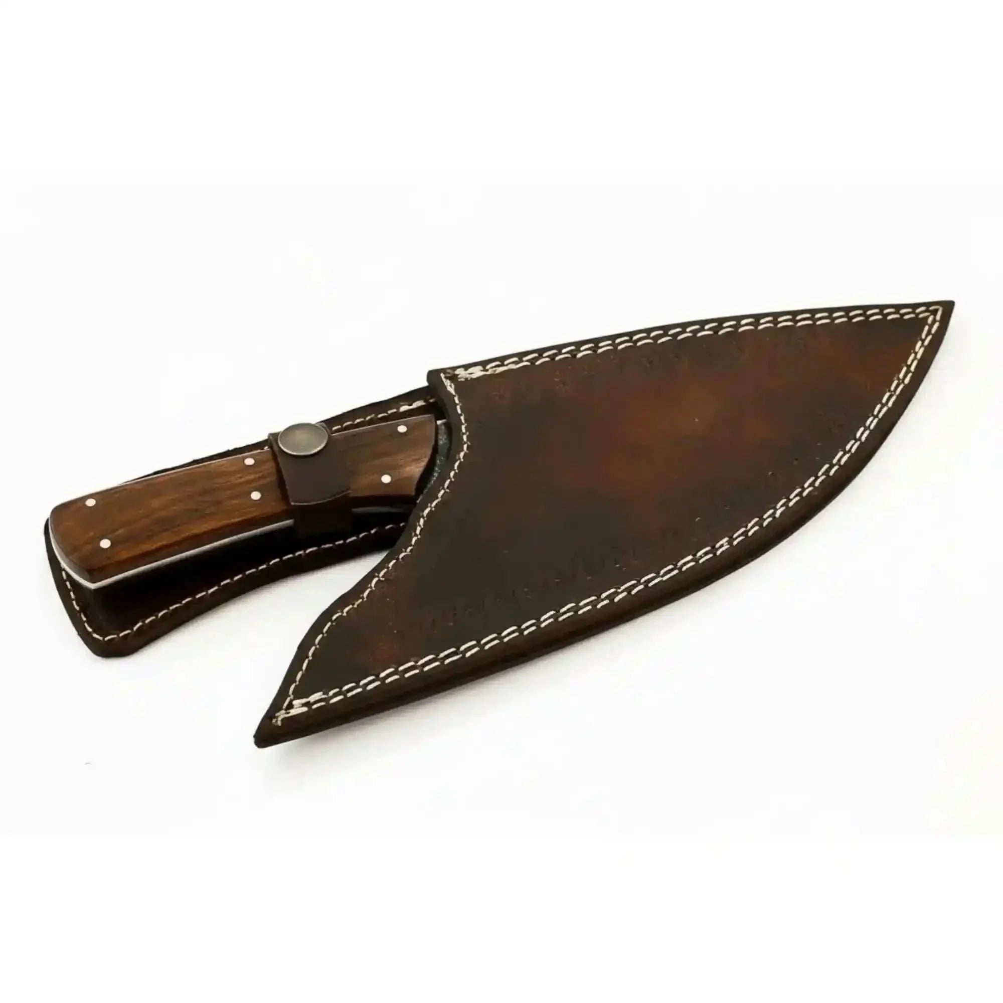 Handmade Fire Pattern Damascus Camp Utility Knife – 12” Fixed Blade with Rosewood Handle & Leather Sheath by JW SteelCrafts, leather knife sheath detail photo 2