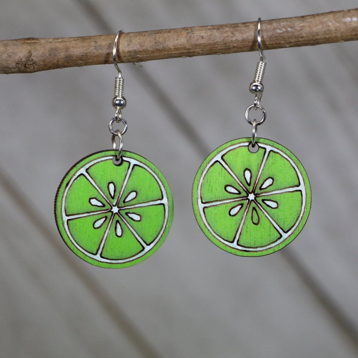 Lime Slice Wooden Earrings | Citrus Fruit Summer Jewelry detail view by Cate's Concepts, LLC
