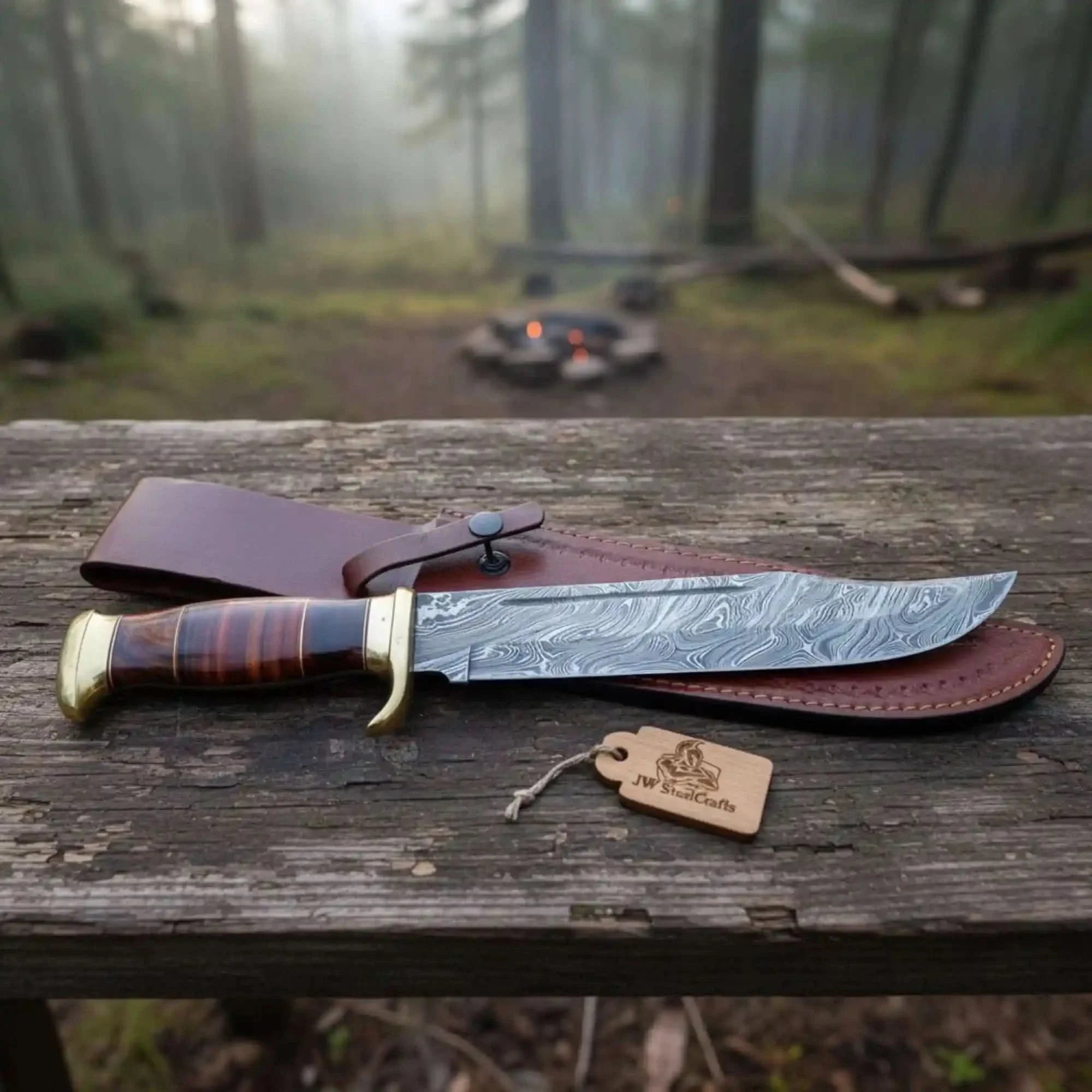 Handmade Sheffield Clip Point Bowie Knife with Damascus Steel Blade | JW SteelCrafts by JW SteelCrafts, Damascus knife main product photo