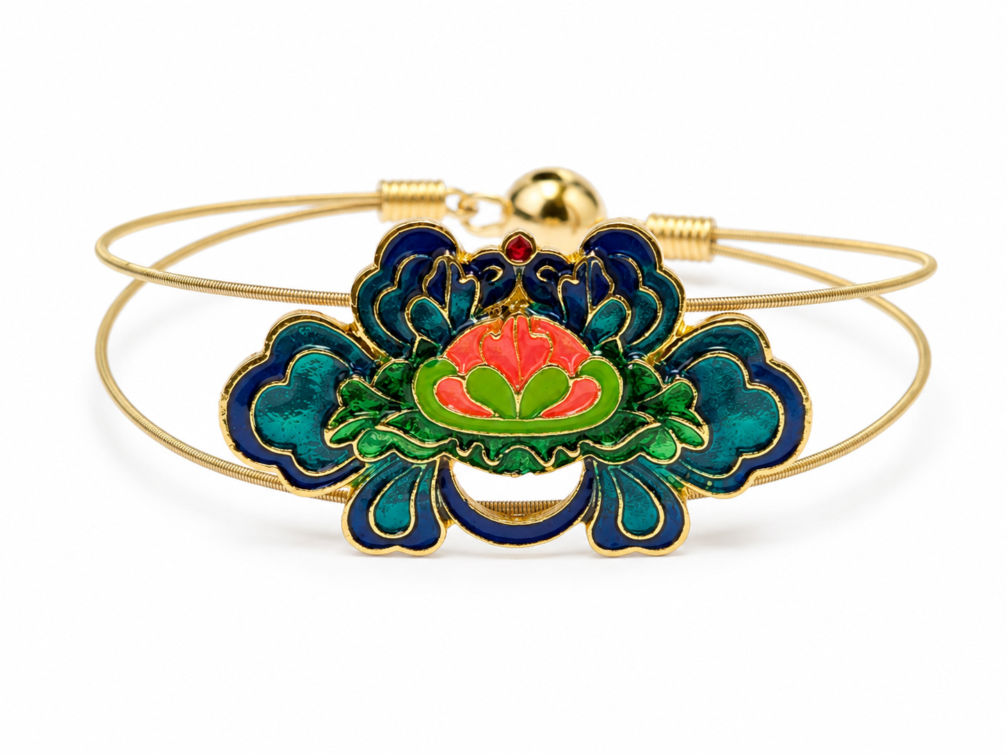 Decorative bracelet with gold, green, and red design on a white background