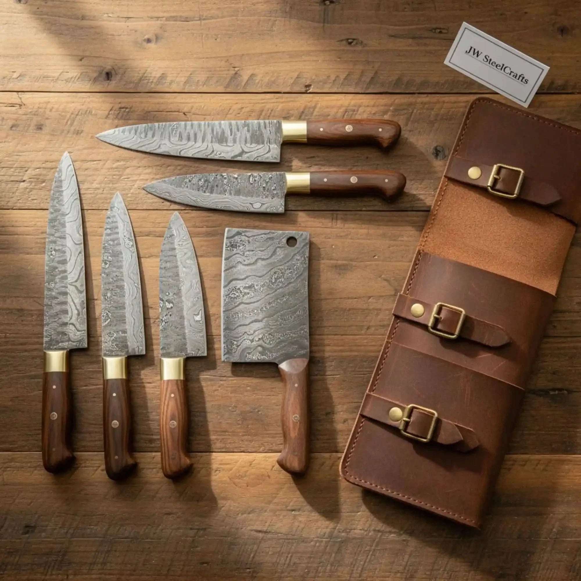 Full-Tang 6-Piece Damascus Kitchen Knife Set — Natural Rosewood Handles, Brass Bolsters, Leather Carry Roll by JW SteelCrafts, Damascus knife main product photo