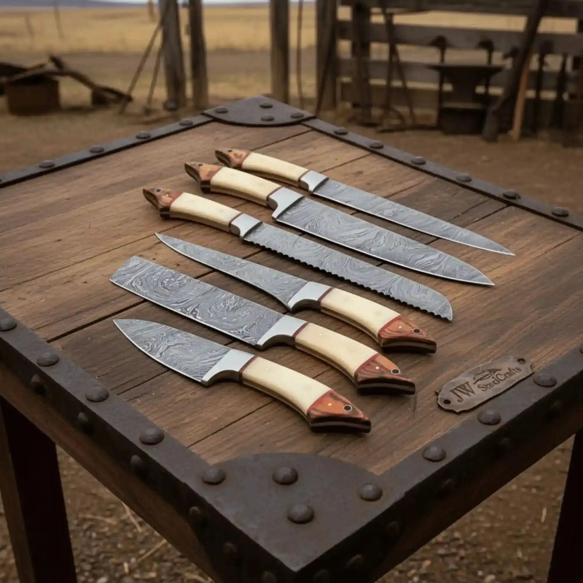 6-Piece Damascus Kitchen Knife Set — White Bone and Red Wood Handles by JW SteelCrafts, Damascus knife main product photo