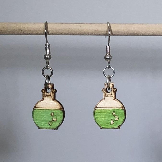 Mad Scientist Potion Bottle Wooden Dangle Earrings | Fantasy Jewelry