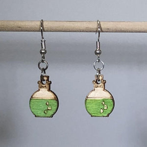 Mad Scientist Potion Bottle Wooden Dangle Earrings | Fantasy Jewelry