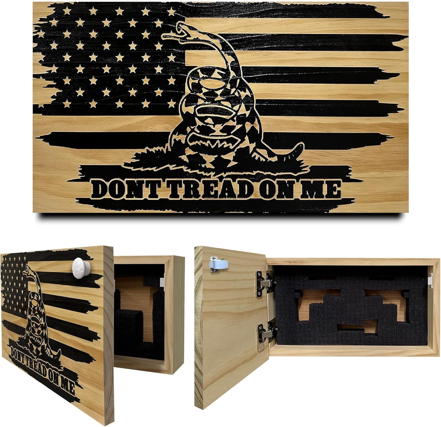 Dont Tread on Me Concealment Shelf - Quick Access Patriotic Hidden Gun Storage with Magnetic Lock - Safe & Secure Gun Concealment Furniture (Distressed)
