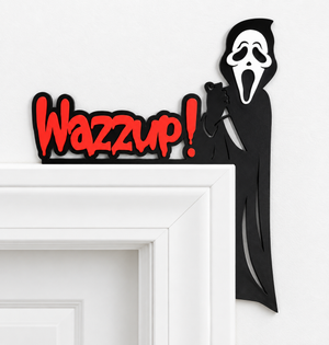 Wazzup masked caller Halloween door topper installed on a white door frame close up