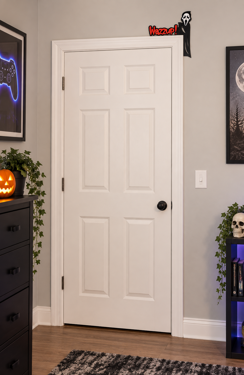 Small Wazzup masked caller Halloween door topper displayed on a full bedroom door