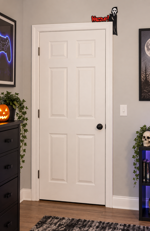 Small Wazzup masked caller Halloween door topper displayed on a full bedroom door