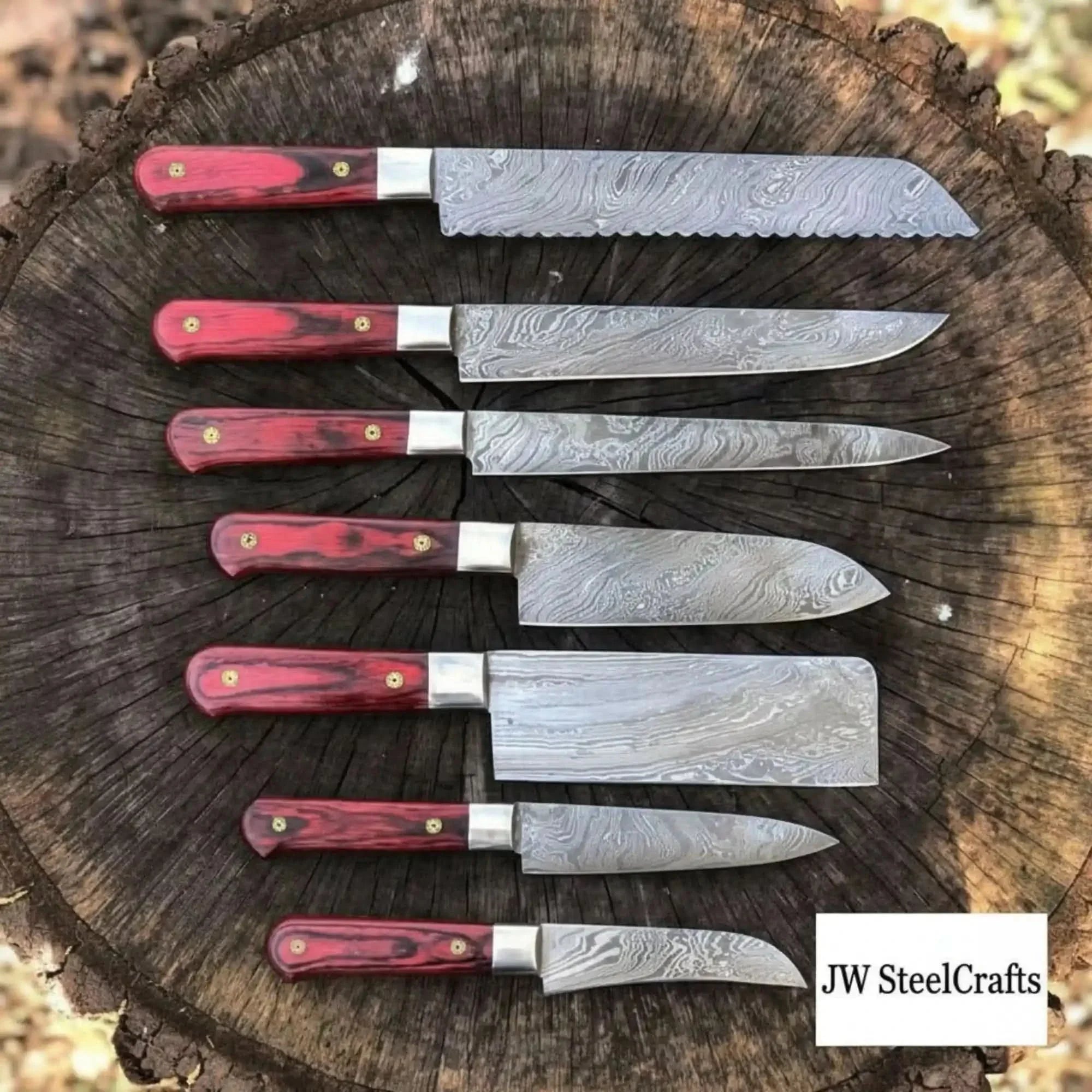 Handmade Damascus Kitchen Knife Set with Red Pakka Wood Handles | Complete 7-Piece Collection by JW SteelCrafts, Damascus knife main product photo