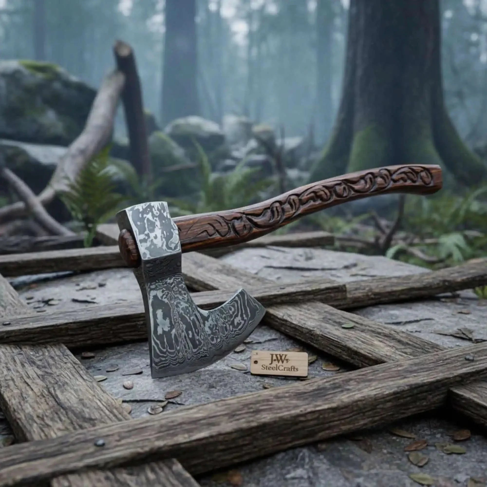 Traditional Woodsman’s Bearded Axe, Hand-Carved Hardwood Handle, Pattern Steel Edge by JW SteelCrafts, Southern lifestyle apparel main product photo