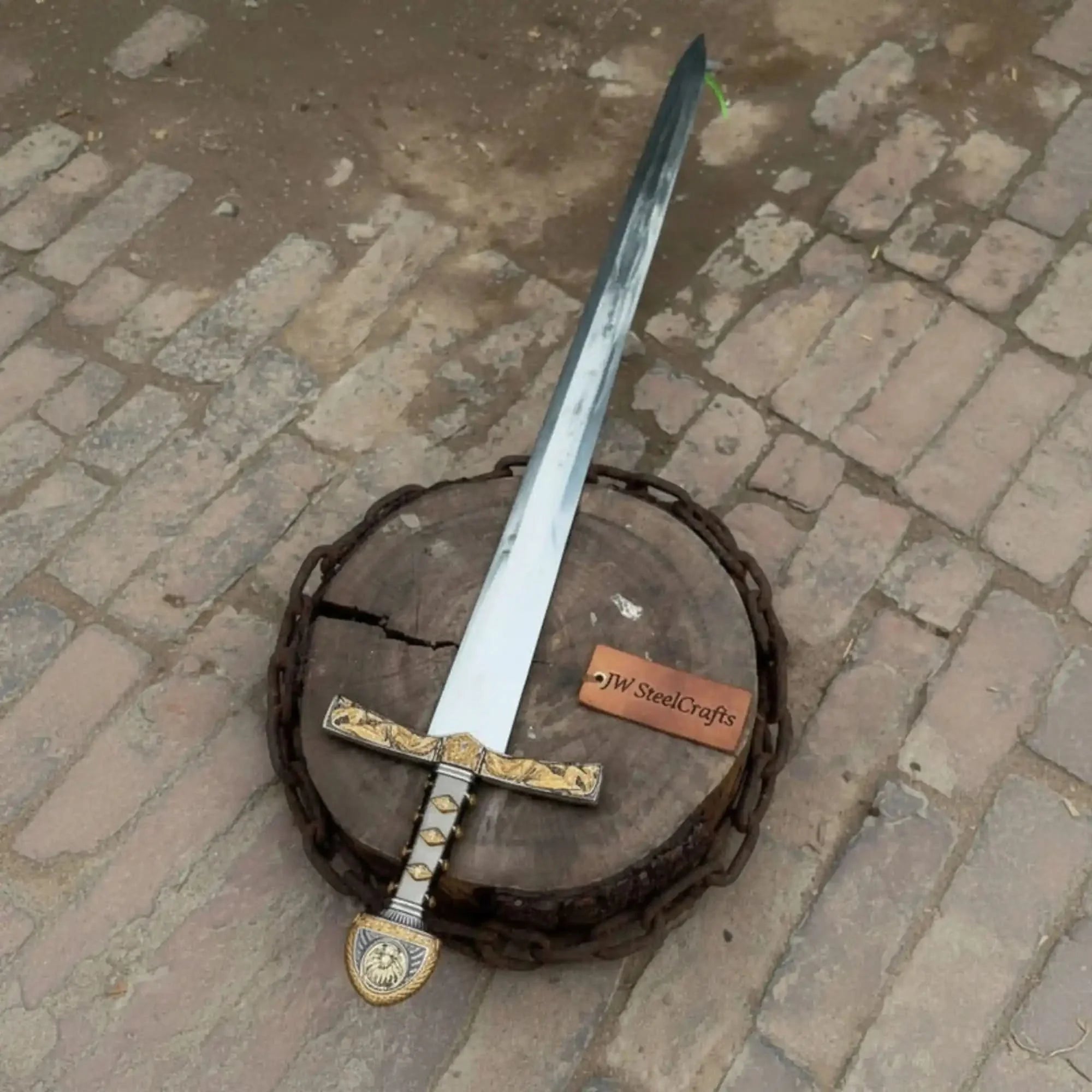 Handmade Medieval Knight Sword Replica in Satin Steel with Gold Accent Guard by JW SteelCrafts, Southern lifestyle apparel main product photo