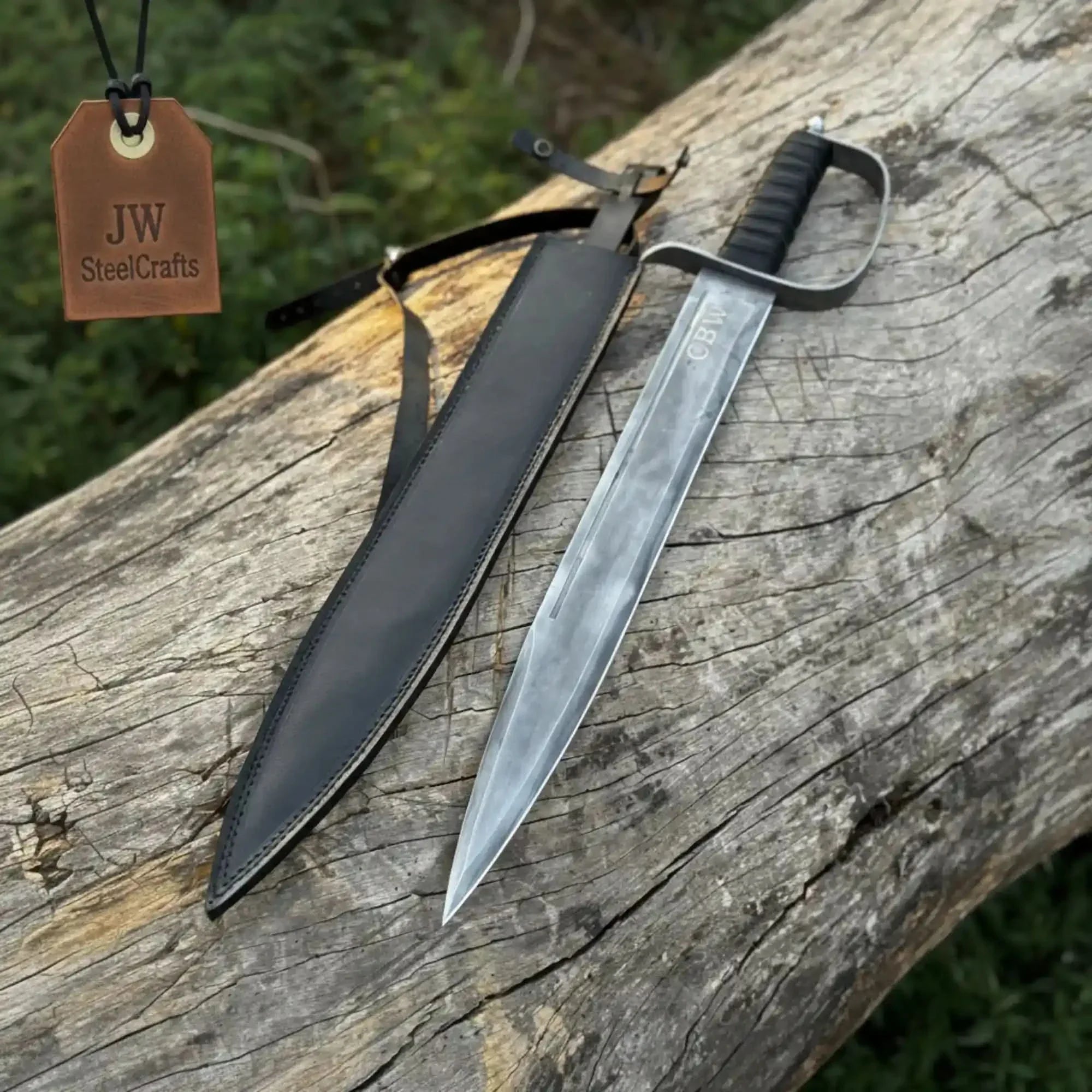 Handmade Medieval Short Sword Acid Washed Steel D-Guard Leather Sheath by JW SteelCrafts, leather knife sheath detail photo 2
