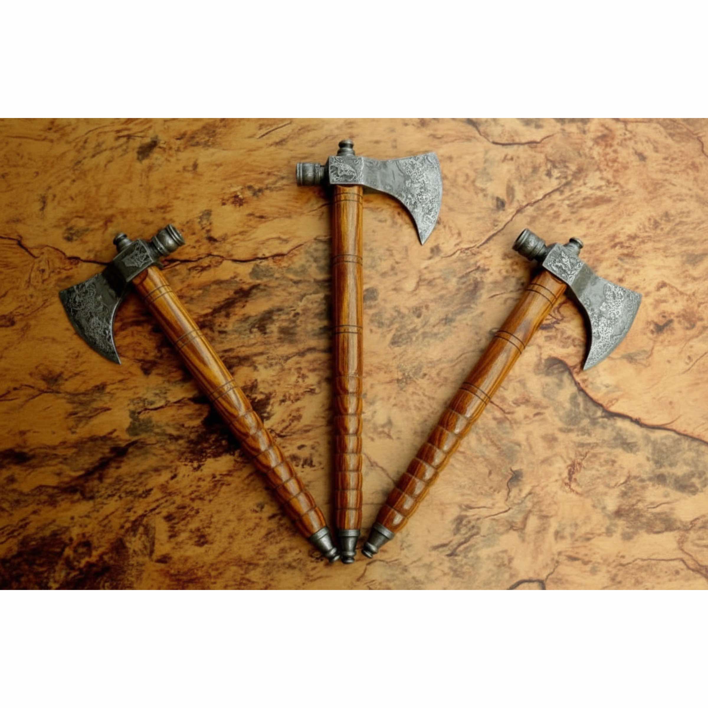 Viking Skeggøx Trio — Matching Short-Hafted Bearded Axes in Pattern-Welded Steel by JW SteelCrafts, Southern lifestyle apparel main product photo